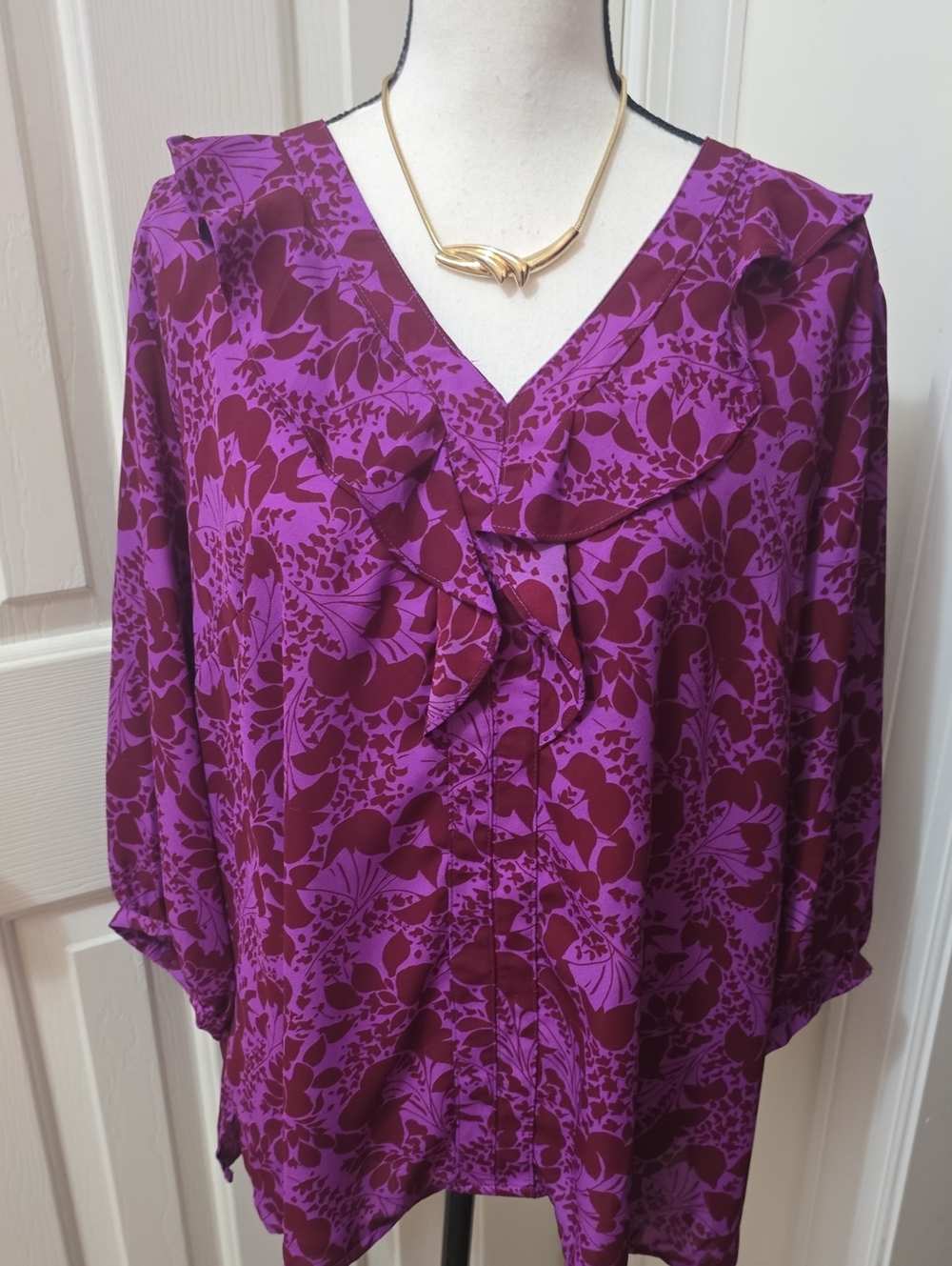 LIZ CLAIBORNE BRAND WOMEN'S PLUS 3/4 SLEEVES BURGUNDY & PURPLE FLORAL TOP XXL